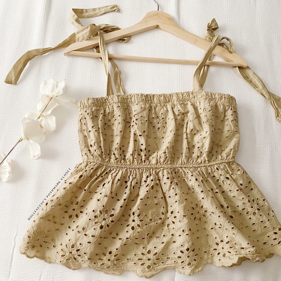 American Eagle Outfitters Tops - NWOT AEO Taupe Eyelet Lace Peplum Camisole With Shoulder Ties